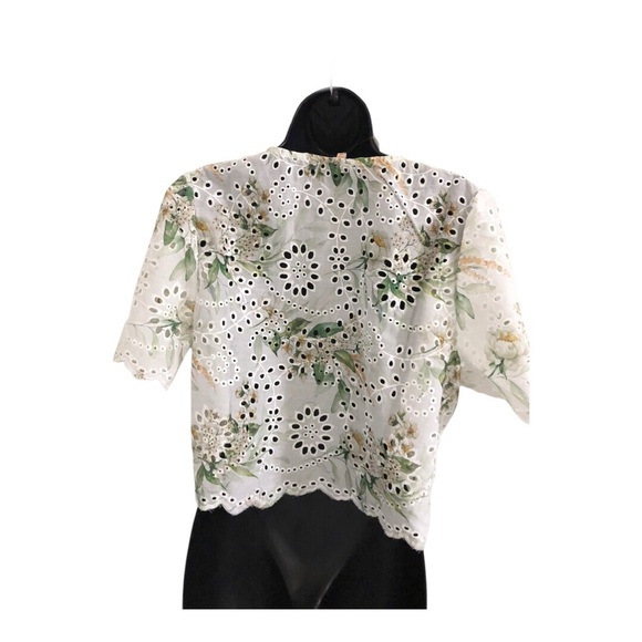 White crochet eyelet style green floral button down blouse top size Large new - Picture 13 of 15